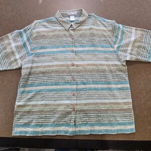 Dressbarn Button Down Shirt 2X Women Blue Tan Striped Cotton Short Sleeve Slub